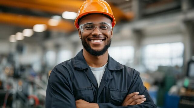 113Confident construction worker wearing an orange hard hat and safety glasses standing amidst vibrant electrical cables, proud expression under warm industrial lighting, symbolizing