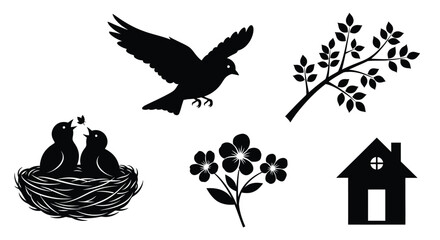Silhouette illustration featuring birds a nest flowers and a small house