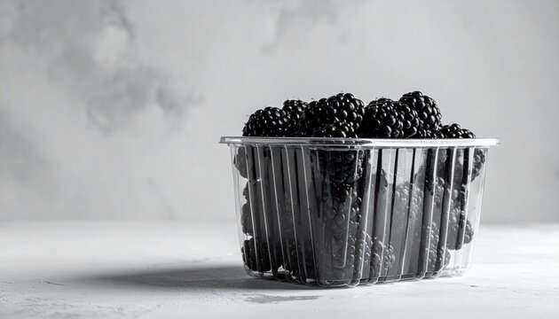 Fresh blackberries in plastic container on a neutral background ready to eat for a healthy snack.