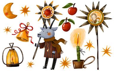 Ukrainian Christmas ortodoxa traditional collection with costumes vertep. Koliadky malanka carols Carolers and church star hand drawn watercolor collection Ukraine traditions