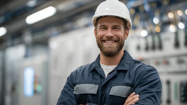 119Proud technician in hard hat stands in front of bright electrical panels and bundled wires, soft lens flare accentuating confidence and industrial atmosphere