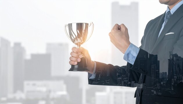 Successful businessman holding a trophy symbolizing achievement and corporate victory.