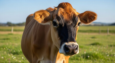 Close up of a jersey cow standing in a green field under a clear blue sky on a sunny day outdoors
