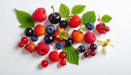 Obraz premium Fresh Mixed Berries and Green Leaves on White Background Healthy Eating Concept for Wellness and Nutrition Visuals.
