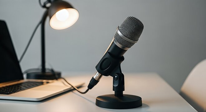 Professional microphone positioned on a desk beside a laptop and lamp, creating an inviting workspace for interviews and journalistic reporting with modern design elements - Powered by Adobe