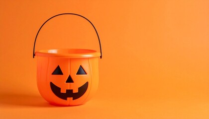 An orange plastic jack-o'-lantern bucket with a black smiling face and crescent eyes sits against a solid orange background