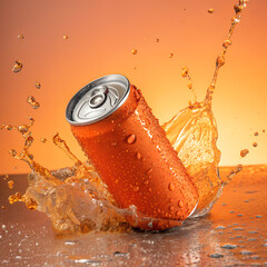 Cold cola beverage splashing from a soda can into a glass with ice and bubbles on a white background