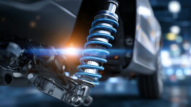 143Close-up view of a modern car rear suspension system highlighting shock absorber and coil spring, metallic components gleaming under studio lighting