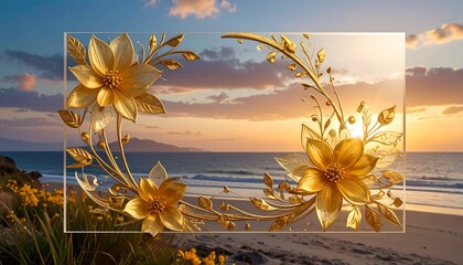 Golden Floral Frame Against Serene Beach Sunset Perfect for Invitations or a Nature Based Message.