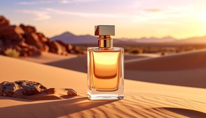 Elegant perfume bottle in desert setting showcasing luxury and aroma in sunlit landscape.