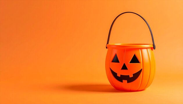 An orange plastic jack-o'-lantern bucket with a black smiling face and crescent eyes sits against a solid orange background - Powered by Adobe