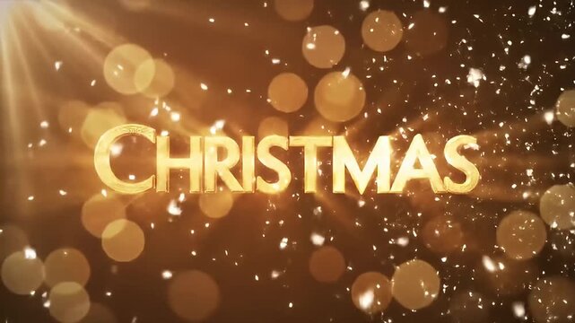 Christmas gold text animation with bright golden bokeh storm, light rays, and snow