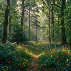 Lush forest path surrounded by blooming wildflowers in sunlight  
