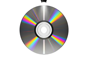 Shiny compact disc PNG isolated on transparent background, optical storage media with rainbow reflection for data and music, digital technology