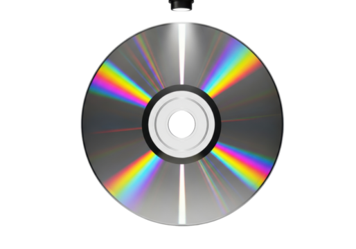 Shiny compact disc PNG isolated on transparent background, optical storage media with rainbow reflection for data and music, digital technology