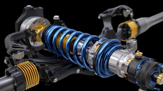154Modern car rear suspension exploded view highlighting shock absorber and spring, mechanical structure and textures clearly visible