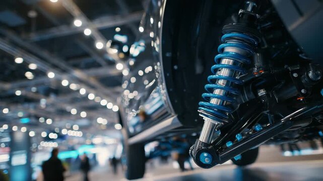 158Contemporary car rear suspension system with visible dampers and springs, industrial lighting emphasizing mechanical depth and precision