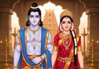 Lord Rama and Goddess Sita. Semi-Realistic Divine Wedding Portrait.