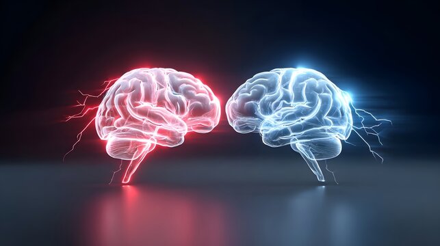 Stylized luminous brains in red and blue emit electrical energy facing off to visualize concepts of contrast communication cognition and intellectual debate