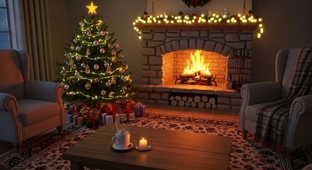 cozy christmas evening by the fireplace