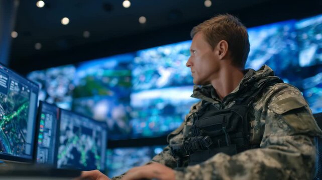162Focused agent in tactical uniform monitoring multiple digital screens at a high-tech government surveillance control center, ambient blue and green lighting highlighting data feeds