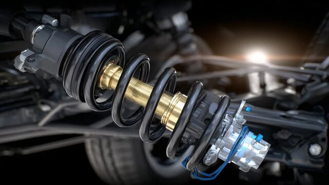 160Close-up technical illustration of shock absorber attached to rear spring suspension, high-resolution metallic textures and structural clarity