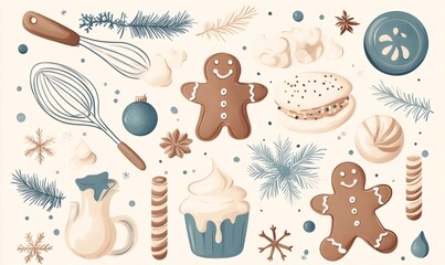 Homemade christmas gingerbread men, cookies, and baking tools creating a festive holiday scene