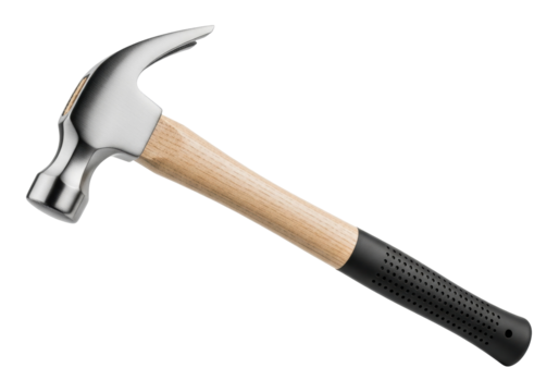 Claw hammer isolated PNG on transparent background, steel head and wooden handle tool for construction and home improvement projects