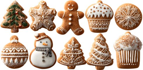 Christmas gingerbread and cookies figures isolated on a transparent background