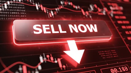 Sell now button with downward red arrow on digital stock market chart showing financial decline, candlestick graph, and urgent trading decision for stock market data visualization - Powered by Adobe