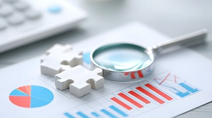 Close up view of business analysis elements like charts a magnifying glass and puzzle pieces symbolizing strategy and problem solving