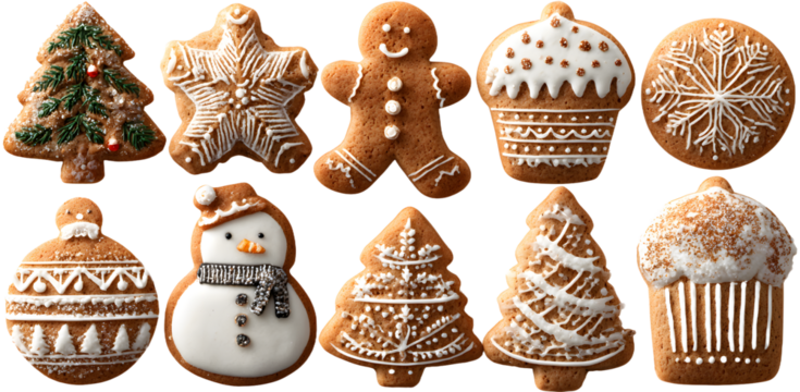 Christmas gingerbread and cookies figures isolated on a transparent background