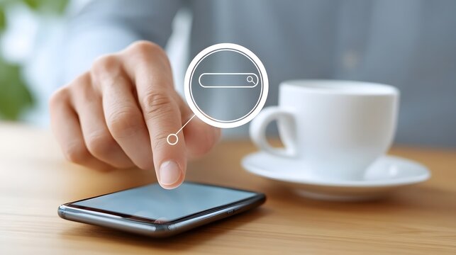 Close up of a hand using a mobile phone with a search engine graphic highlighting interaction with the digital interface set against a blurred background with a coffee cup