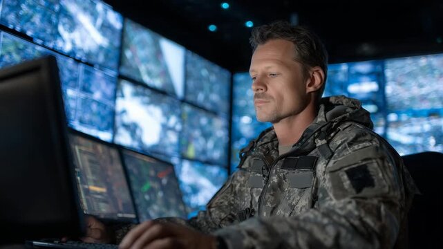 171High-ranking surveillance officer coordinating military operation via wall of interactive monitors, dramatic lighting and focused expression capturing intensity