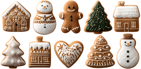 Christmas gingerbread and cookies figures isolated on a transparent background
