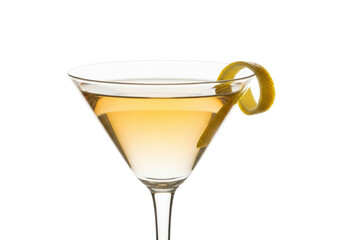 Classic martini cocktail isolated PNG with lemon twist garnish, elegant alcoholic beverage for bars and celebrations on transparent background