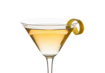 Classic martini cocktail isolated PNG with lemon twist garnish, elegant alcoholic beverage for bars and celebrations on transparent background
