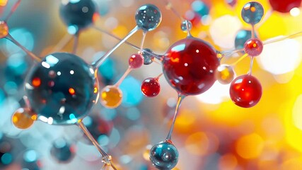 A closeup of a molecular structure with interconnected spheres and droplets, set against a vibrant, colorful background. The spheres are transparent with a glossy finish.
