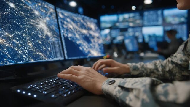 173Close-up of agent’s hands typing on illuminated keyboard, screens filled with encrypted data streams, futuristic military command center environment - Powered by Adobe