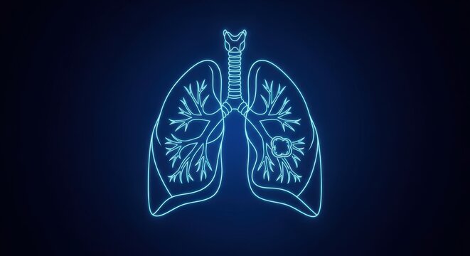 Glowing blue neon outline of human lungs and trachea against a dark background representing health and science
