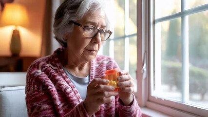 elderly woman with glasses and red sweater holding orange pill bottle in front of a window with sunlight filtering through, creating a warm and inviting atmosphere.