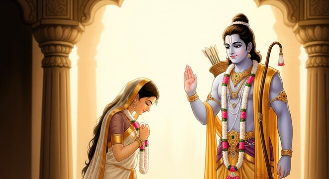 Lord Rama Blessing Goddess Sita. Semi-Realistic Divine Marriage Art.