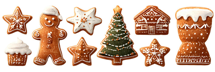 Cartoon christmas gingerbread cookies set. Xmas gingerbreads sweets star snowflake tree man, noel holiday decoration vector illustration