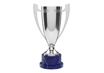 Silver trophy cup with blue marble base isolated PNG, victory award for sports competition and achievement celebration