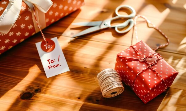 Christmas gifts wrapping with tag, string, and scissors
