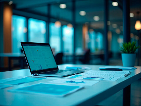 Office desk with a notebook computer and reports - Powered by Adobe