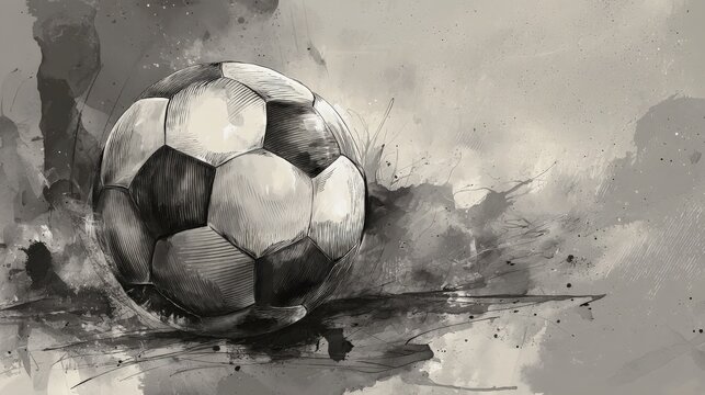 A stylized black-and-white illustration of a soccer ball, surrounded by abstract splashes and brush strokes, evoking motion and sport.
