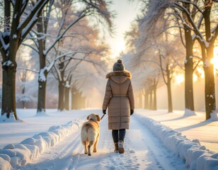 A person in a winter coat walks their golden retriever dog on a snowy path lined with trees during a beautiful winter sunset.