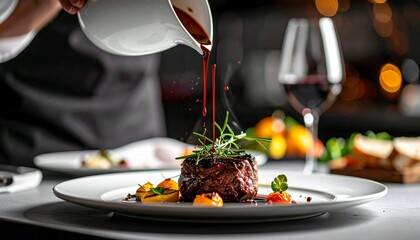 Gourmet Steak with Red Wine Reduction Being Poured in Restaurant Setting Culinary Art Fine Dining Experience.