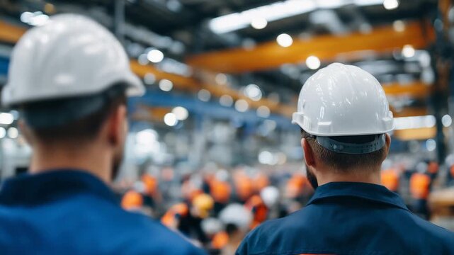 186Employees gathered for mandatory safety training in production hall, viewed from behind, highlighting uniform hard hats and industrial atmosphere